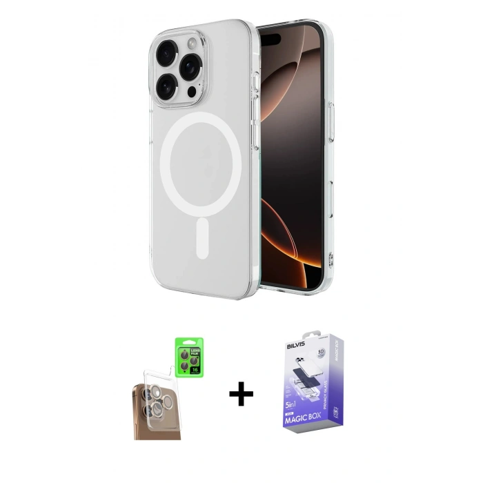 MARSİLYAN™- iPhone 16 Pro Max Kılıf Ahenk Yansıma Prime - Siyah Bilvis 5in1 5D Magic Hayalet Cam Ekran Koruyucu + Raze Metal Kamera Lens - CLTM