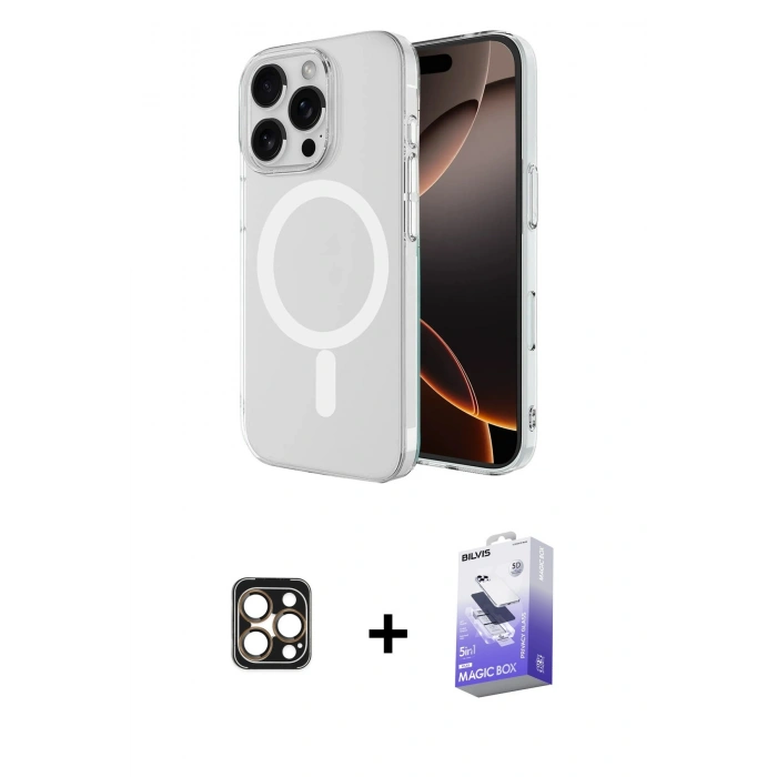 MARSİLYAN™- iPhone 16 Pro Max Kılıf Ahenk Yansıma Prime - Siyah Bilvis 5in1 5D Magic Hayalet Cam Ekran Koruyucu + PVD Metal Kamera Lens - GD