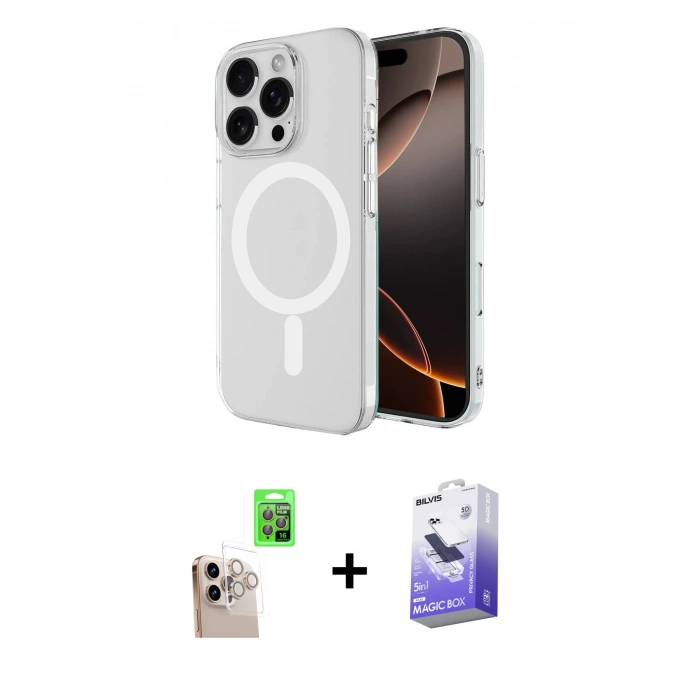 MARSİLYAN™- iPhone 16 Pro Max Kılıf Ahenk Yansıma Prime - Siyah Bilvis 5in1 5D Magic Hayalet Cam Ekran Koruyucu + Raze Metal Kamera Lens - NLGY