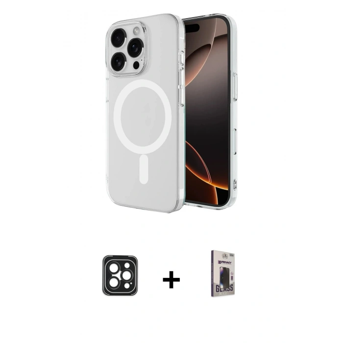 MARSİLYAN™- iPhone 16 Pro Max Kılıf Ahenk Yansıma Prime - Siyah Bilvis Hayalet Cam Ekran Koruyucu + PVD Metal Kamera Lens - SH