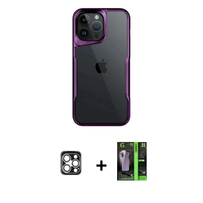 MARSİLYAN™- iPhone 16 Pro Max Kılıf Akış Çizgi Koleksiyonu - Şeffaf 360 Full Body Arka Koruyucu + PVD Metal Kamera Lens - GS