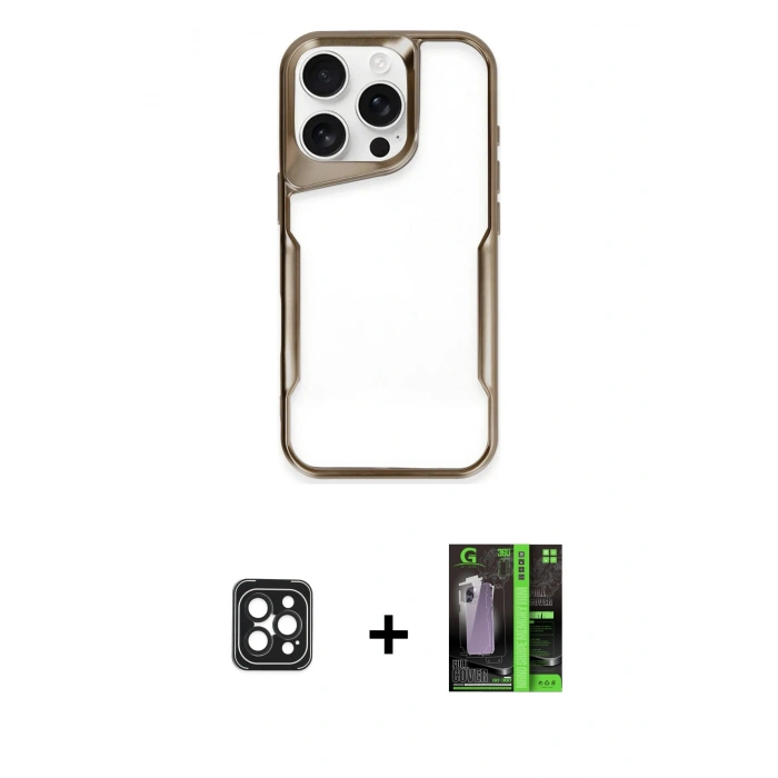 MARSİLYAN™- iPhone 16 Pro Max Kılıf Akış Çizgi Koleksiyonu - Şeffaf 360 Full Body Arka Koruyucu + PVD Metal Kamera Lens - SH