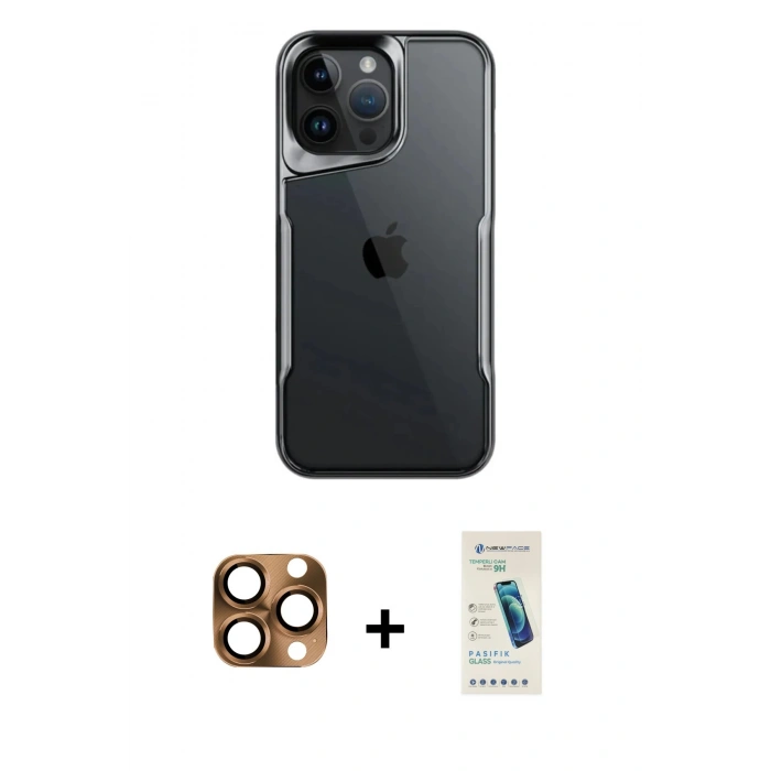 MARSİLYAN™- iPhone 16 Pro Max Kılıf Akış Çizgi Koleksiyonu - Şeffaf Pasifik Cam Ekran Koruyucu + Çöl Titanyum Pers Alüminyum Kamera Lens