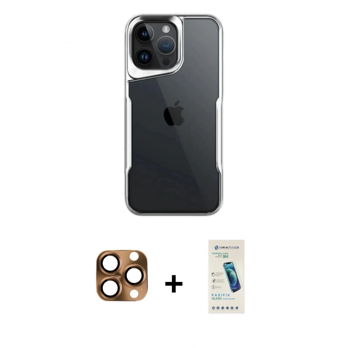 MARSİLYAN™- iPhone 16 Pro Max Kılıf Akış Çizgi Koleksiyonu - Şeffaf Pasifik Cam Ekran Koruyucu + Çöl Titanyum Pers Alüminyum Kamera Lens