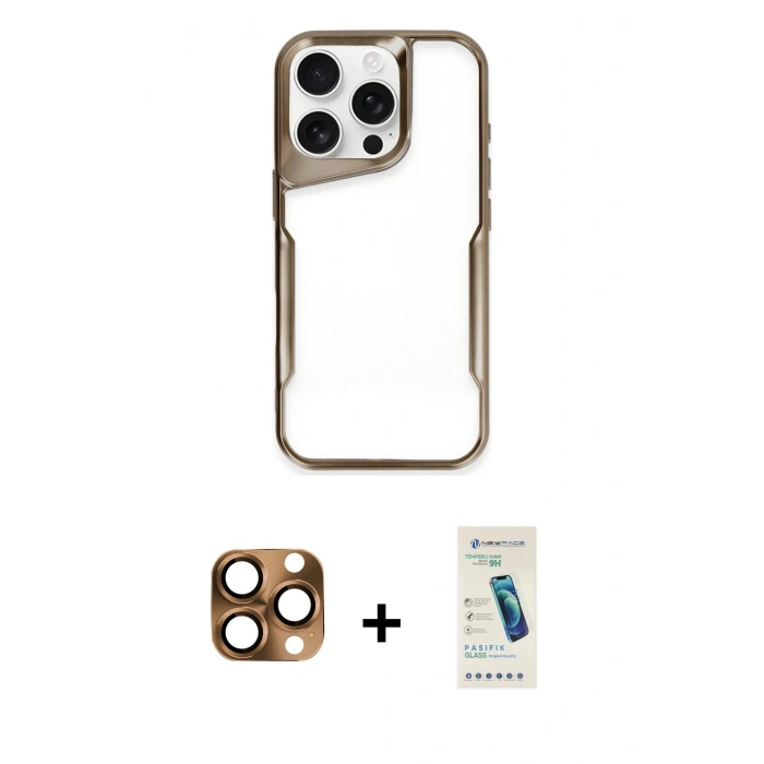 MARSİLYAN™- iPhone 16 Pro Max Kılıf Akış Çizgi Koleksiyonu - Şeffaf Pasifik Cam Ekran Koruyucu + Çöl Titanyum Pers Alüminyum Kamera Lens