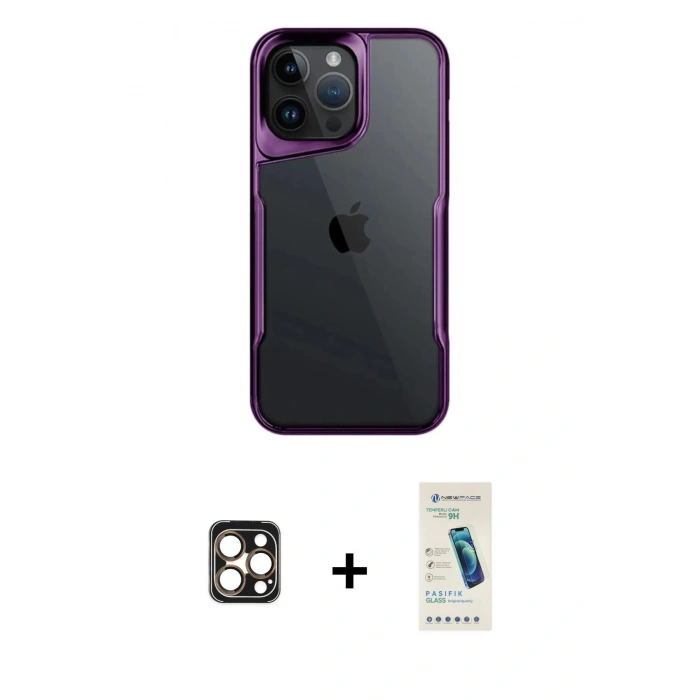 MARSİLYAN™- iPhone 16 Pro Max Kılıf Akış Çizgi Koleksiyonu - Şeffaf Pasifik Cam Ekran Koruyucu + Gold PVD Metal Kamera Lens