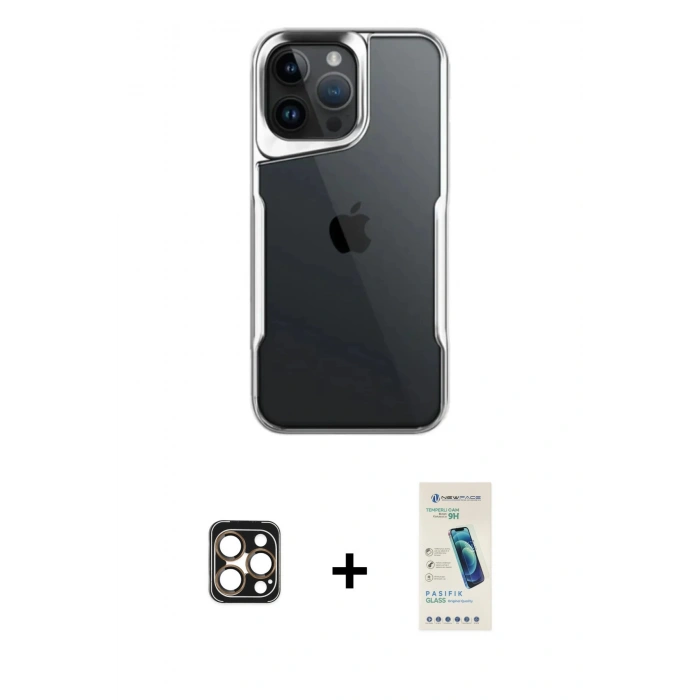 MARSİLYAN™- iPhone 16 Pro Max Kılıf Akış Çizgi Koleksiyonu - Şeffaf Pasifik Cam Ekran Koruyucu + Gold PVD Metal Kamera Lens