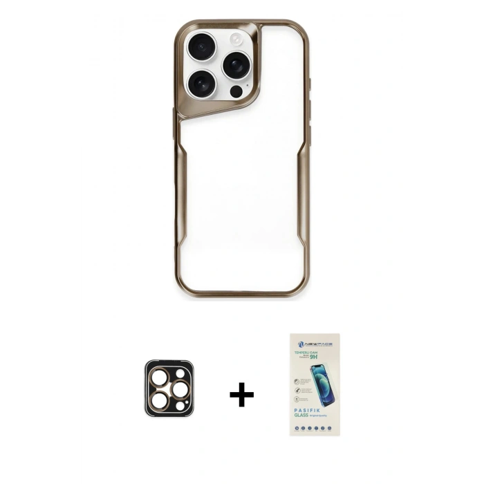 MARSİLYAN™- iPhone 16 Pro Max Kılıf Akış Çizgi Koleksiyonu - Şeffaf Pasifik Cam Ekran Koruyucu + Gold PVD Metal Kamera Lens