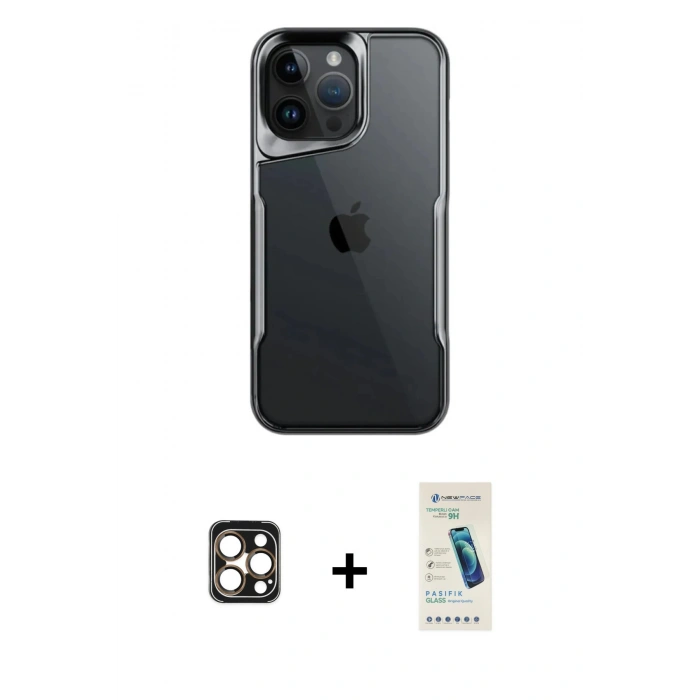 MARSİLYAN™- iPhone 16 Pro Max Kılıf Akış Çizgi Koleksiyonu - Şeffaf Pasifik Cam Ekran Koruyucu + Gold PVD Metal Kamera Lens