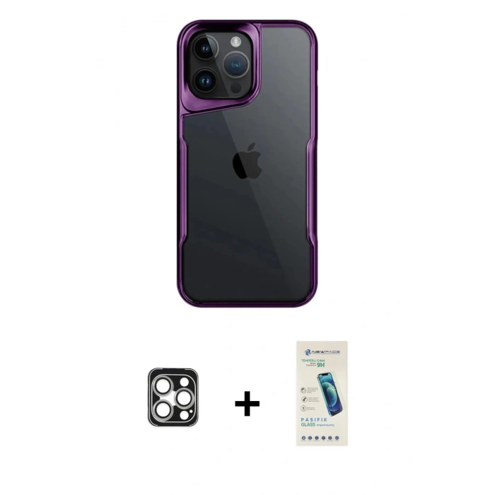 MARSİLYAN™- iPhone 16 Pro Max Kılıf Akış Çizgi Koleksiyonu - Şeffaf Pasifik Cam Ekran Koruyucu + PVD Metal Kamera Lens - GS