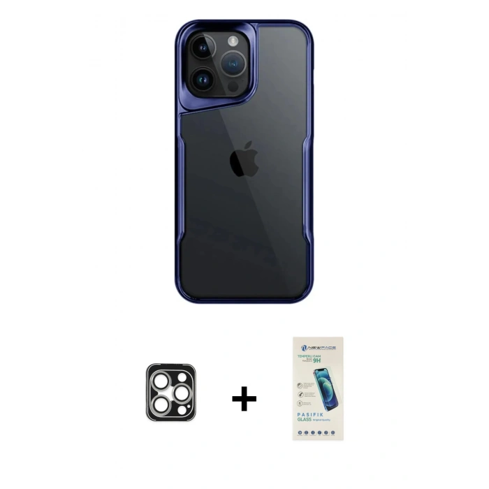 MARSİLYAN™- iPhone 16 Pro Max Kılıf Akış Çizgi Koleksiyonu - Şeffaf Pasifik Cam Ekran Koruyucu + PVD Metal Kamera Lens - GS