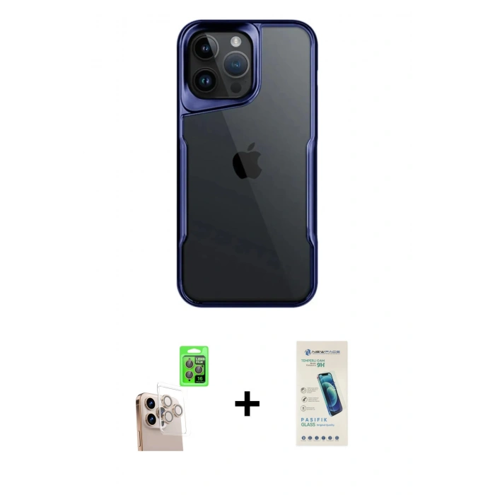MARSİLYAN™- iPhone 16 Pro Max Kılıf Akış Çizgi Koleksiyonu - Şeffaf Pasifik Cam Ekran Koruyucu + Raze Metal Kamera Lens - NLGY