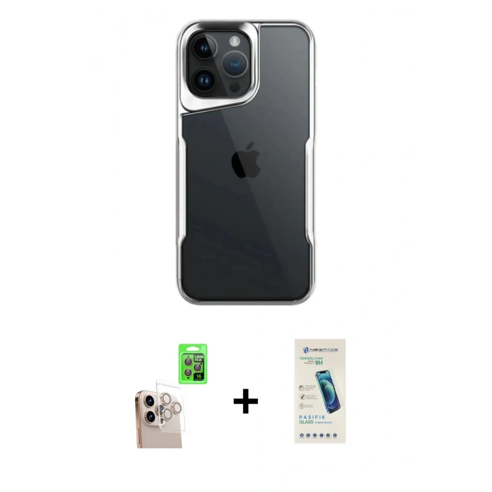 MARSİLYAN™- iPhone 16 Pro Max Kılıf Akış Çizgi Koleksiyonu - Şeffaf Pasifik Cam Ekran Koruyucu + Raze Metal Kamera Lens - NLGY