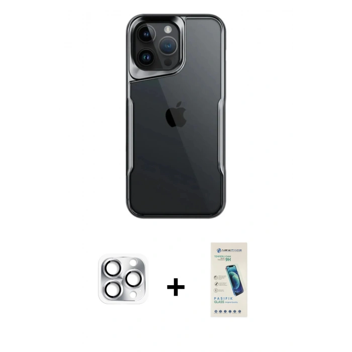 MARSİLYAN™- iPhone 16 Pro Max Kılıf Akış Çizgi Koleksiyonu - Şeffaf Pasifik Cam Ekran Koruyucu + Pers Alüminyum Kamera Lens - GS