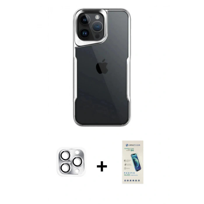 MARSİLYAN™- iPhone 16 Pro Max Kılıf Akış Çizgi Koleksiyonu - Şeffaf Pasifik Cam Ekran Koruyucu + Pers Alüminyum Kamera Lens - GS