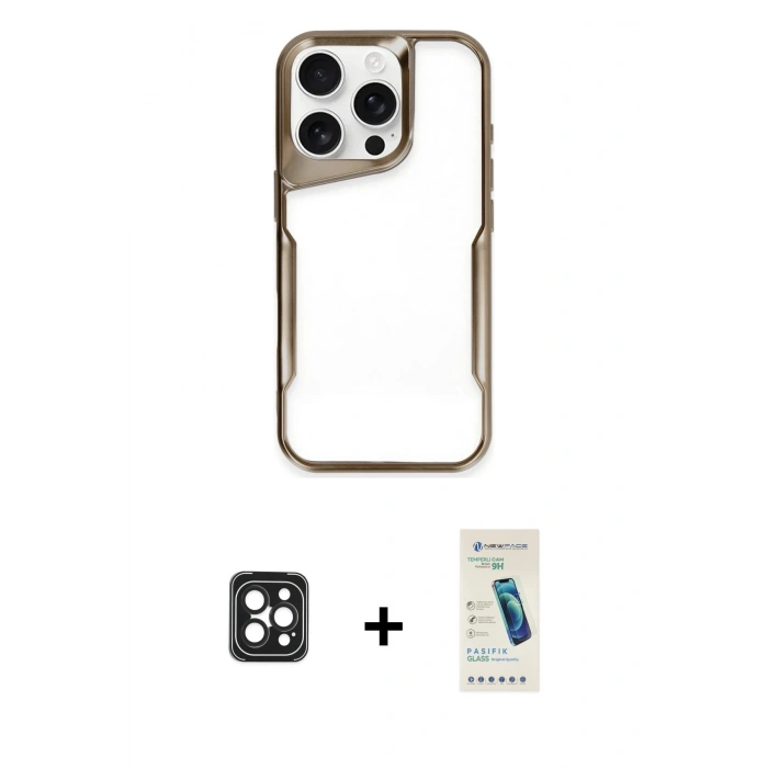 MARSİLYAN™- iPhone 16 Pro Max Kılıf Akış Çizgi Koleksiyonu - Şeffaf Pasifik Cam Ekran Koruyucu + PVD Metal Kamera Lens - SH