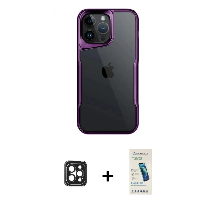 MARSİLYAN™- iPhone 16 Pro Max Kılıf Akış Çizgi Koleksiyonu - Şeffaf Pasifik Cam Ekran Koruyucu + PVD Metal Kamera Lens - SH