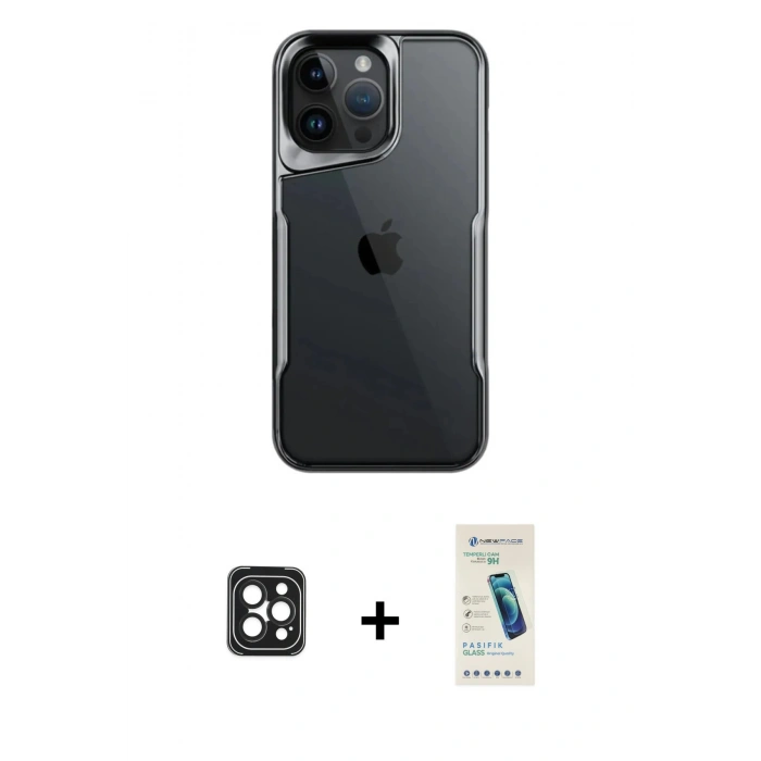 MARSİLYAN™- iPhone 16 Pro Max Kılıf Akış Çizgi Koleksiyonu - Şeffaf Pasifik Cam Ekran Koruyucu + PVD Metal Kamera Lens - SH
