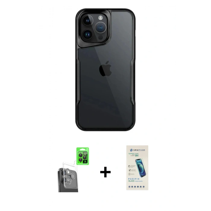 MARSİLYAN™- iPhone 16 Pro Max Kılıf Akış Çizgi Koleksiyonu - Şeffaf Pasifik Cam Ekran Koruyucu + Raze Metal Kamera Lens - SH