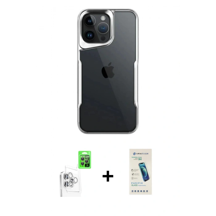 MARSİLYAN™- iPhone 16 Pro Max Kılıf Akış Çizgi Koleksiyonu - Şeffaf Pasifik Cam Ekran Koruyucu + Raze Metal Kamera Lens - BZ