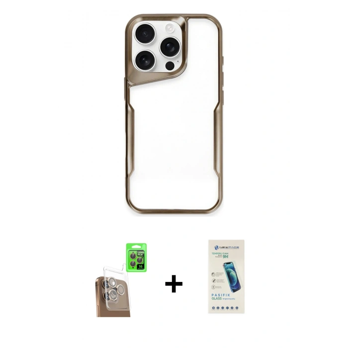 MARSİLYAN™- iPhone 16 Pro Max Kılıf Akış Çizgi Koleksiyonu - Şeffaf Pasifik Cam Ekran Koruyucu + Raze Metal Kamera Lens - CLTM