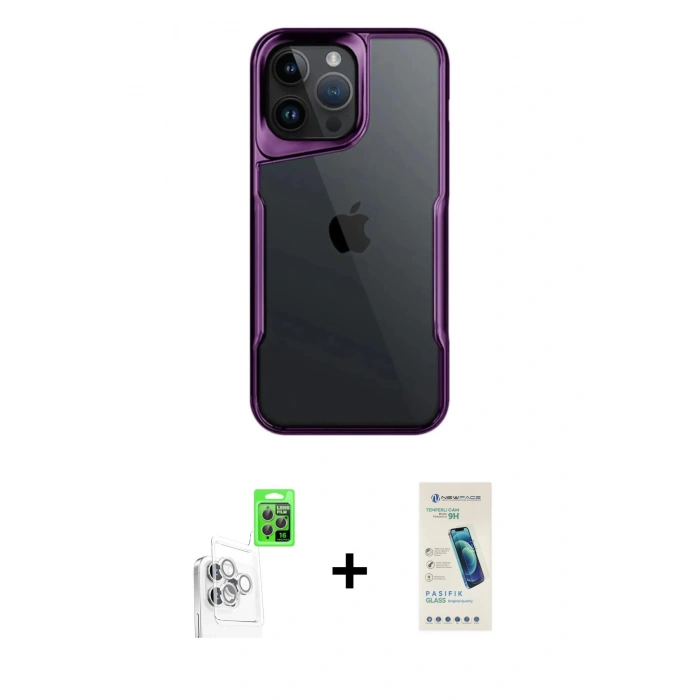 MARSİLYAN™- iPhone 16 Pro Max Kılıf Akış Çizgi Koleksiyonu - Şeffaf Pasifik Cam Ekran Koruyucu + Raze Metal Kamera Lens - BZ