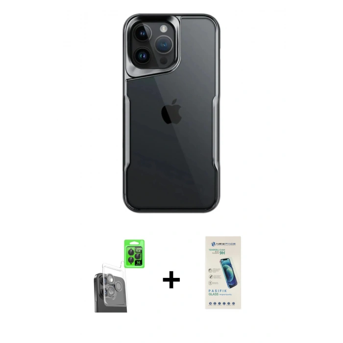 MARSİLYAN™- iPhone 16 Pro Max Kılıf Akış Çizgi Koleksiyonu - Şeffaf Pasifik Cam Ekran Koruyucu + Raze Metal Kamera Lens - SH
