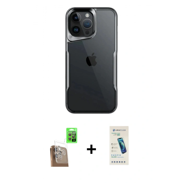 MARSİLYAN™- iPhone 16 Pro Max Kılıf Akış Çizgi Koleksiyonu - Şeffaf Pasifik Cam Ekran Koruyucu + Raze Metal Kamera Lens - CLTM