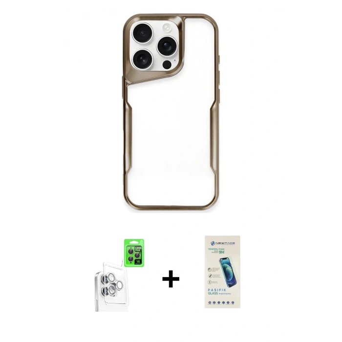 MARSİLYAN™- iPhone 16 Pro Max Kılıf Akış Çizgi Koleksiyonu - Şeffaf Pasifik Cam Ekran Koruyucu + Raze Metal Kamera Lens - BZ