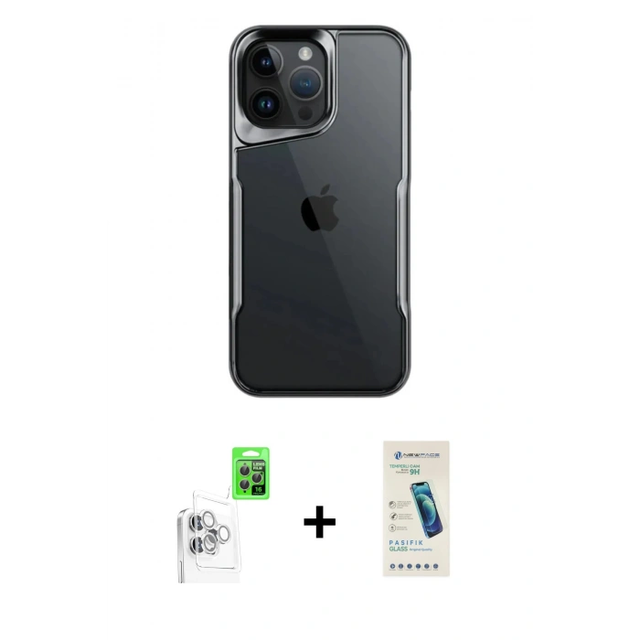 MARSİLYAN™- iPhone 16 Pro Max Kılıf Akış Çizgi Koleksiyonu - Şeffaf Pasifik Cam Ekran Koruyucu + Raze Metal Kamera Lens - BZ