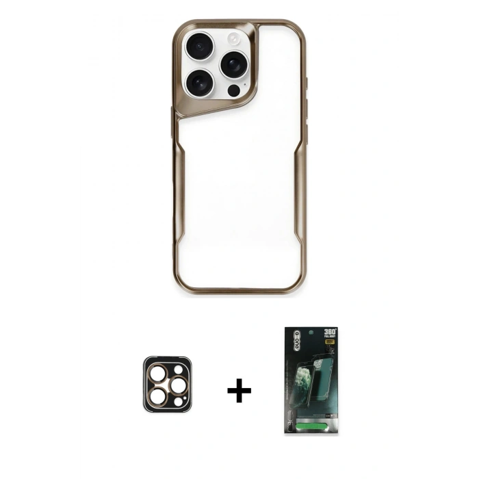 MARSİLYAN™- iPhone 16 Pro Max Kılıf Akış Çizgi Koleksiyonu - Siyah 360 Mat Full Body Arka Koruyucu + Gold PVD Metal Kamera Lens