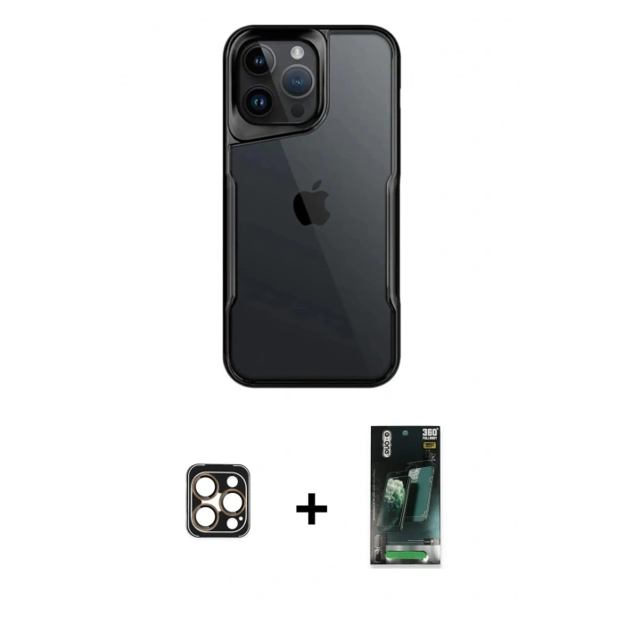 MARSİLYAN™- iPhone 16 Pro Max Kılıf Akış Çizgi Koleksiyonu - Siyah 360 Mat Full Body Arka Koruyucu + Gold PVD Metal Kamera Lens