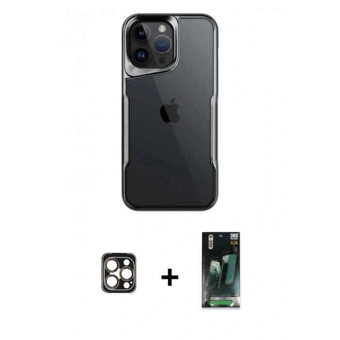 MARSİLYAN™- iPhone 16 Pro Max Kılıf Akış Çizgi Koleksiyonu - Siyah 360 Mat Full Body Arka Koruyucu + Gold PVD Metal Kamera Lens