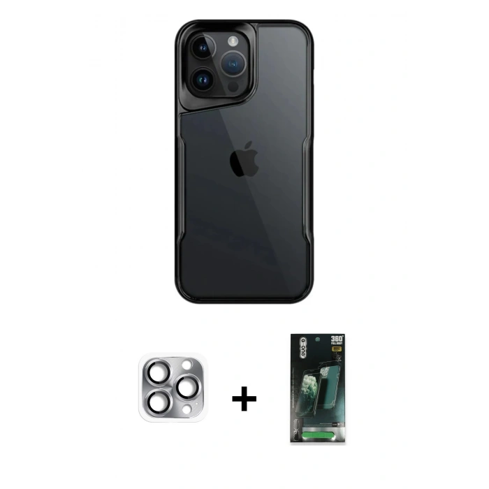 MARSİLYAN™- iPhone 16 Pro Max Kılıf Akış Çizgi Koleksiyonu - Siyah 360 Mat Full Body Arka Koruyucu + Pers Alüminyum Kamera Lens - GI