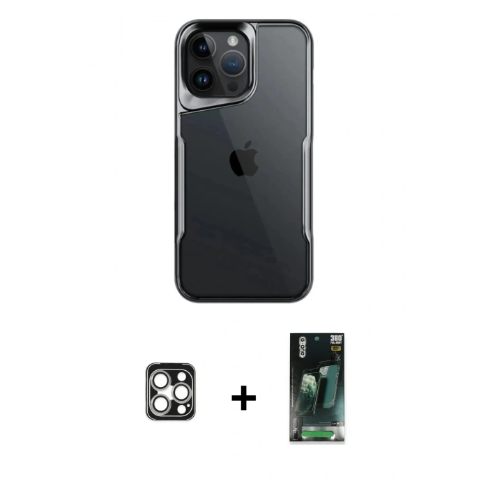 MARSİLYAN™- iPhone 16 Pro Max Kılıf Akış Çizgi Koleksiyonu - Siyah 360 Mat Full Body Arka Koruyucu + PVD Metal Kamera Lens - GS
