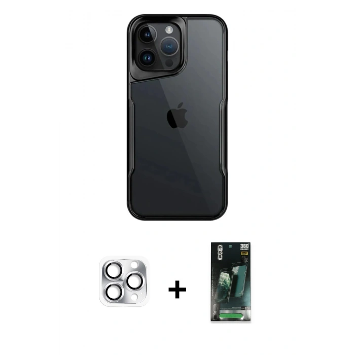 MARSİLYAN™- iPhone 16 Pro Max Kılıf Akış Çizgi Koleksiyonu - Siyah 360 Mat Full Body Arka Koruyucu + Pers Alüminyum Kamera Lens - GS