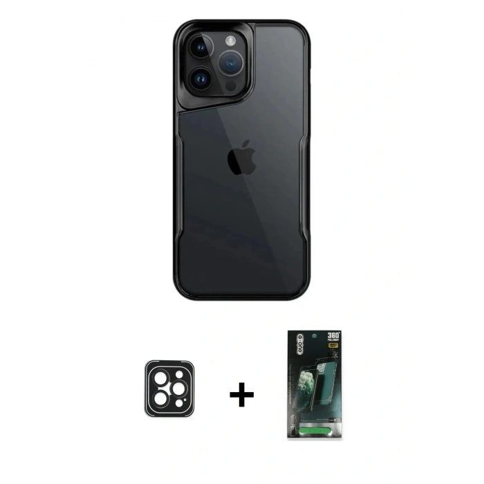 MARSİLYAN™- iPhone 16 Pro Max Kılıf Akış Çizgi Koleksiyonu - Siyah 360 Mat Full Body Arka Koruyucu + PVD Metal Kamera Lens - SH