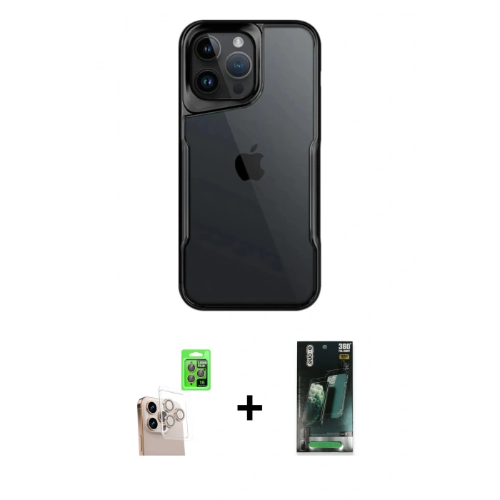 MARSİLYAN™- iPhone 16 Pro Max Kılıf Akış Çizgi Koleksiyonu - Siyah 360 Mat Full Body Arka Koruyucu + Raze Metal Kamera Lens - NLGY