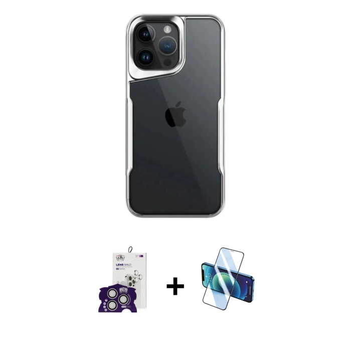 MARSİLYAN™- iPhone 16 Pro Max Kılıf Akış Çizgi Koleksiyonu - Siyah 3D Antistatik Cam Ekran Koruyucu + Bilvis Titan Kamera Lens - GS