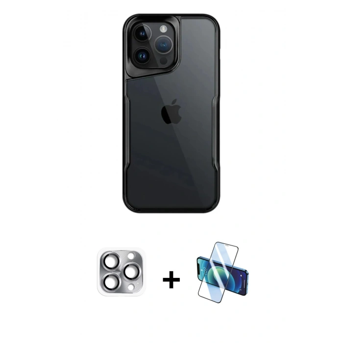 MARSİLYAN™- iPhone 16 Pro Max Kılıf Akış Çizgi Koleksiyonu - Siyah 3D Antistatik Cam Ekran Koruyucu + Pers Alüminyum Kamera Lens - GI