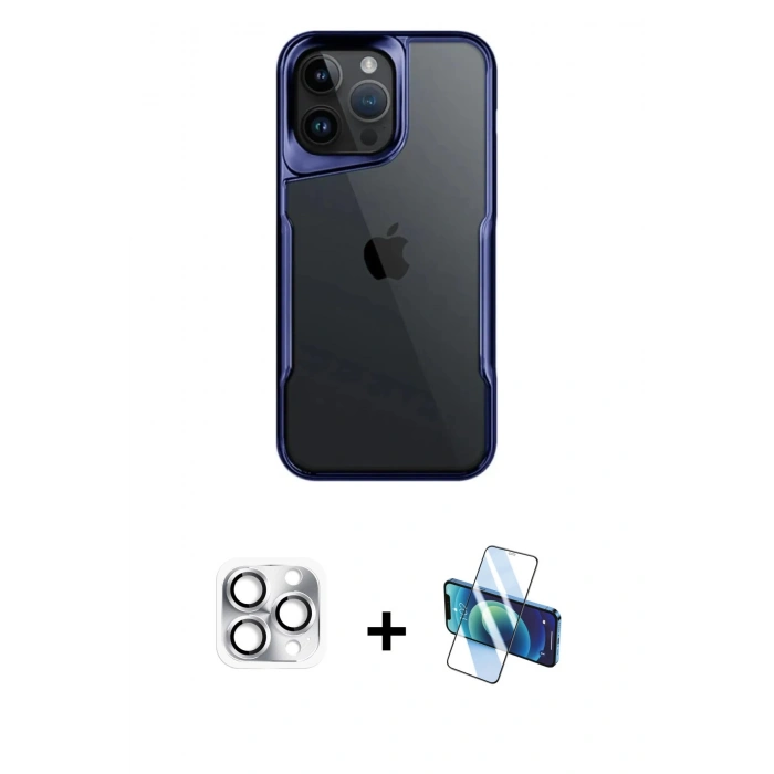 MARSİLYAN™- iPhone 16 Pro Max Kılıf Akış Çizgi Koleksiyonu - Siyah 3D Antistatik Cam Ekran Koruyucu + Pers Alüminyum Kamera Lens - GS