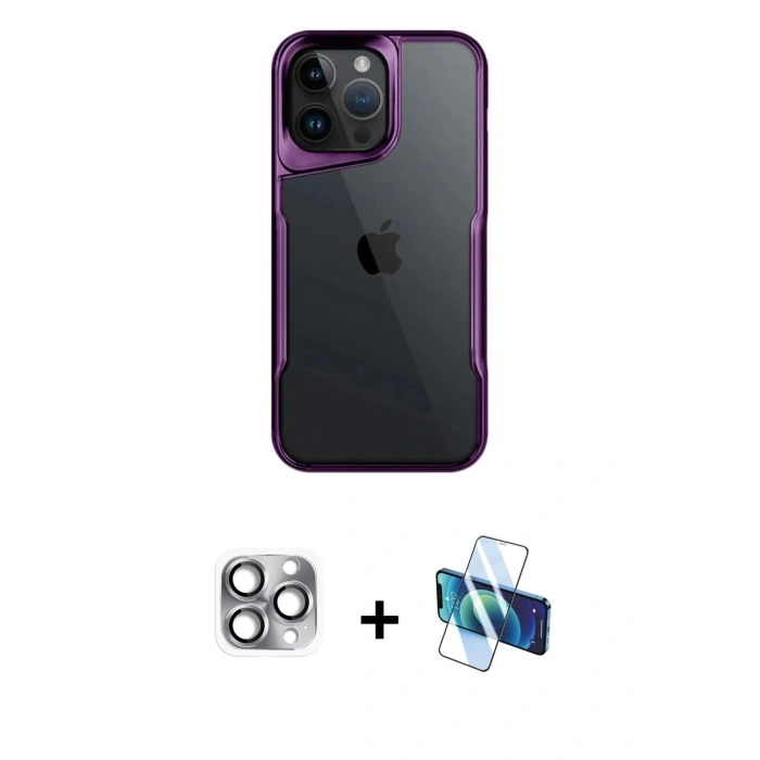 MARSİLYAN™- iPhone 16 Pro Max Kılıf Akış Çizgi Koleksiyonu - Siyah 3D Antistatik Cam Ekran Koruyucu + Pers Alüminyum Kamera Lens - GI