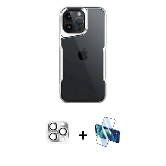MARSİLYAN™- iPhone 16 Pro Max Kılıf Akış Çizgi Koleksiyonu - Siyah 3D Antistatik Cam Ekran Koruyucu + Pers Alüminyum Kamera Lens - GS