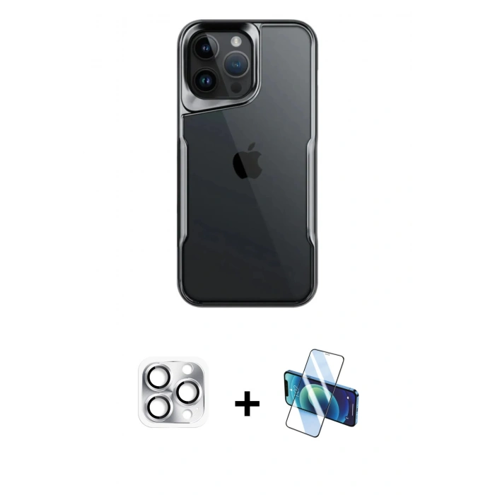 MARSİLYAN™- iPhone 16 Pro Max Kılıf Akış Çizgi Koleksiyonu - Siyah 3D Antistatik Cam Ekran Koruyucu + Pers Alüminyum Kamera Lens - GS