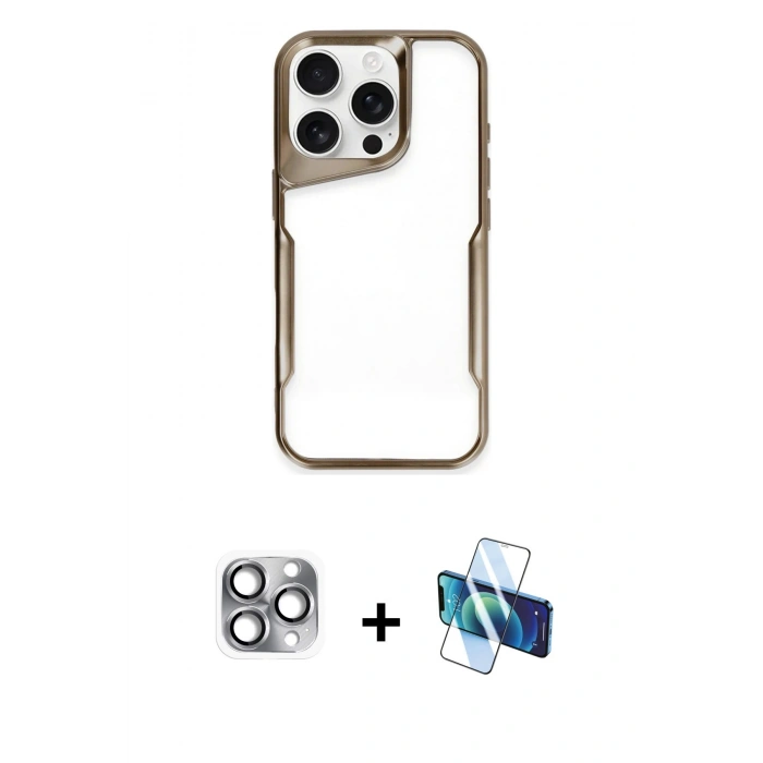 MARSİLYAN™- iPhone 16 Pro Max Kılıf Akış Çizgi Koleksiyonu - Siyah 3D Antistatik Cam Ekran Koruyucu + Pers Alüminyum Kamera Lens - GI
