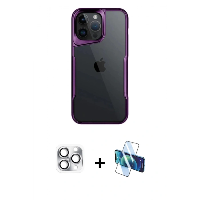 MARSİLYAN™- iPhone 16 Pro Max Kılıf Akış Çizgi Koleksiyonu - Siyah 3D Antistatik Cam Ekran Koruyucu + Pers Alüminyum Kamera Lens - GS