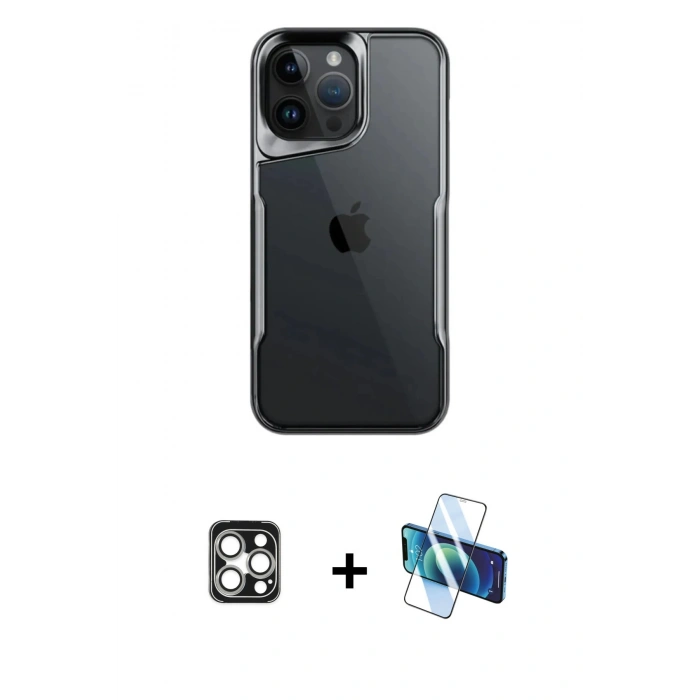 MARSİLYAN™- iPhone 16 Pro Max Kılıf Akış Çizgi Koleksiyonu - Siyah 3D Antistatik Cam Ekran Koruyucu + PVD Metal Kamera Lens - GS