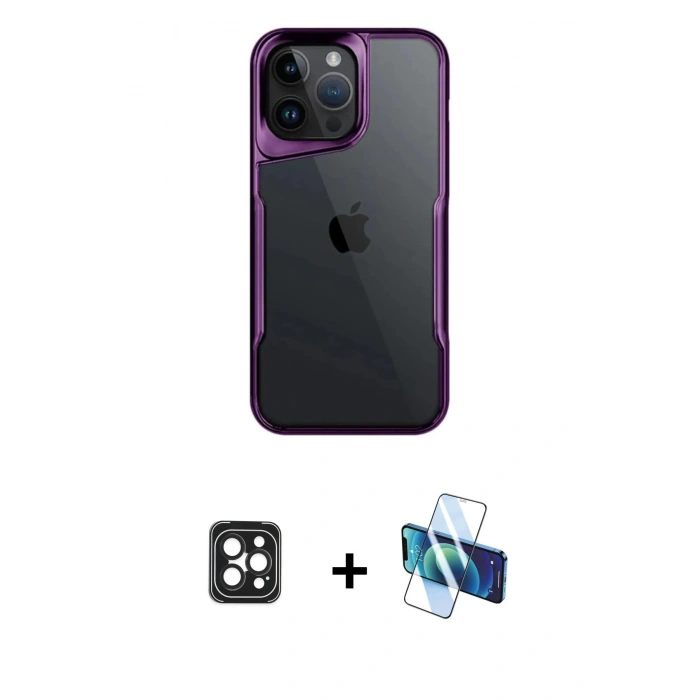 MARSİLYAN™- iPhone 16 Pro Max Kılıf Akış Çizgi Koleksiyonu - Siyah 3D Antistatik Cam Ekran Koruyucu + PVD Metal Kamera Lens - SH