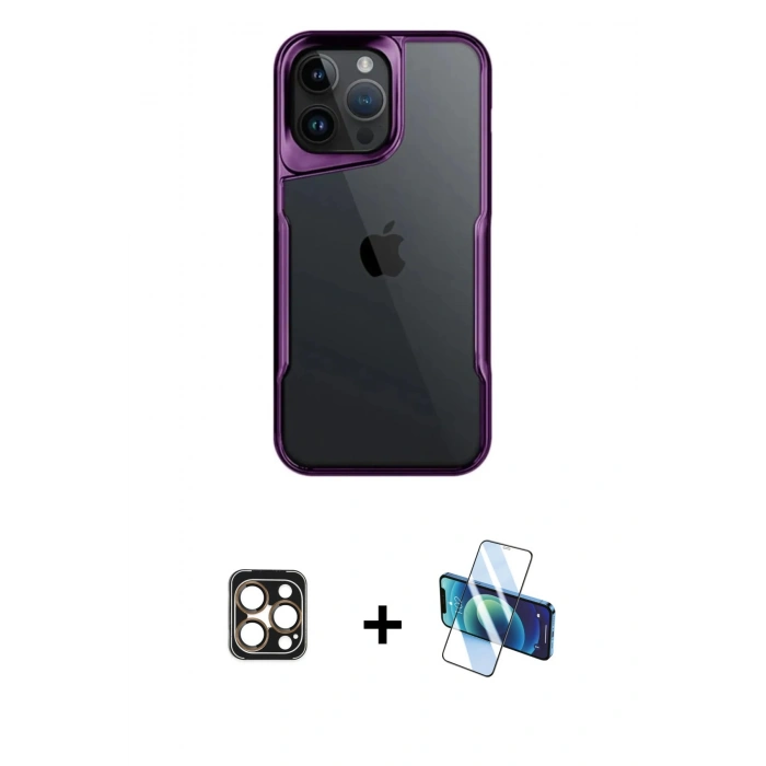 MARSİLYAN™- iPhone 16 Pro Max Kılıf Akış Çizgi Koleksiyonu - Siyah 3D Antistatik Cam Ekran Koruyucu + PVD Metal Kamera Lens - GD