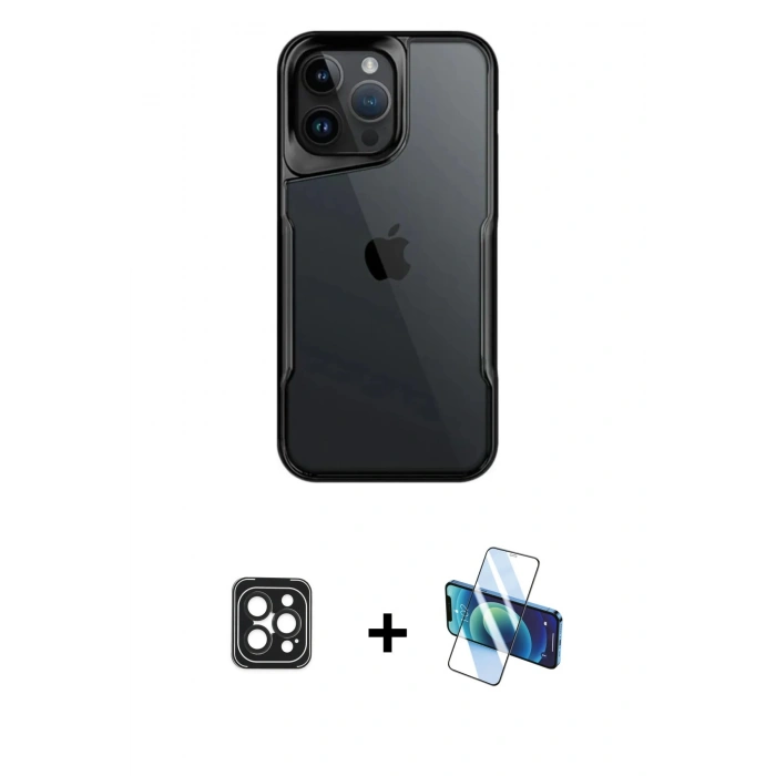 MARSİLYAN™- iPhone 16 Pro Max Kılıf Akış Çizgi Koleksiyonu - Siyah 3D Antistatik Cam Ekran Koruyucu + PVD Metal Kamera Lens - SH